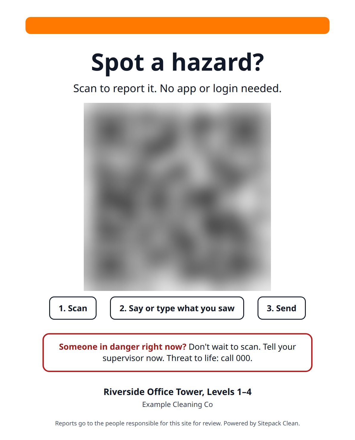 Sitepack Clean A4 hazard reporting poster with the QR code blurred