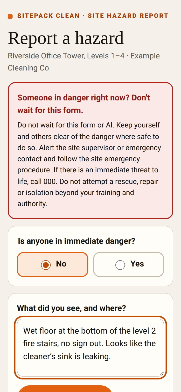 Sitepack Clean no-login hazard report form opened from a site QR poster