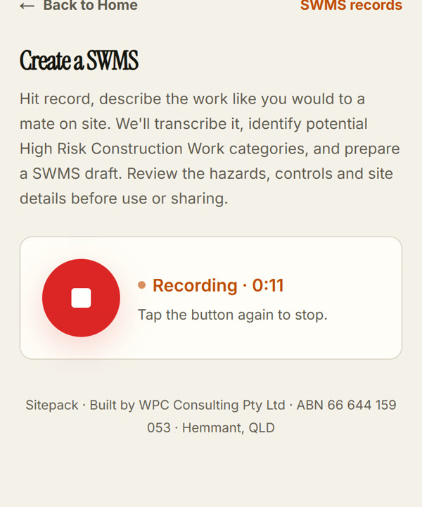 Sitepack Create a SWMS screen recording a spoken job description