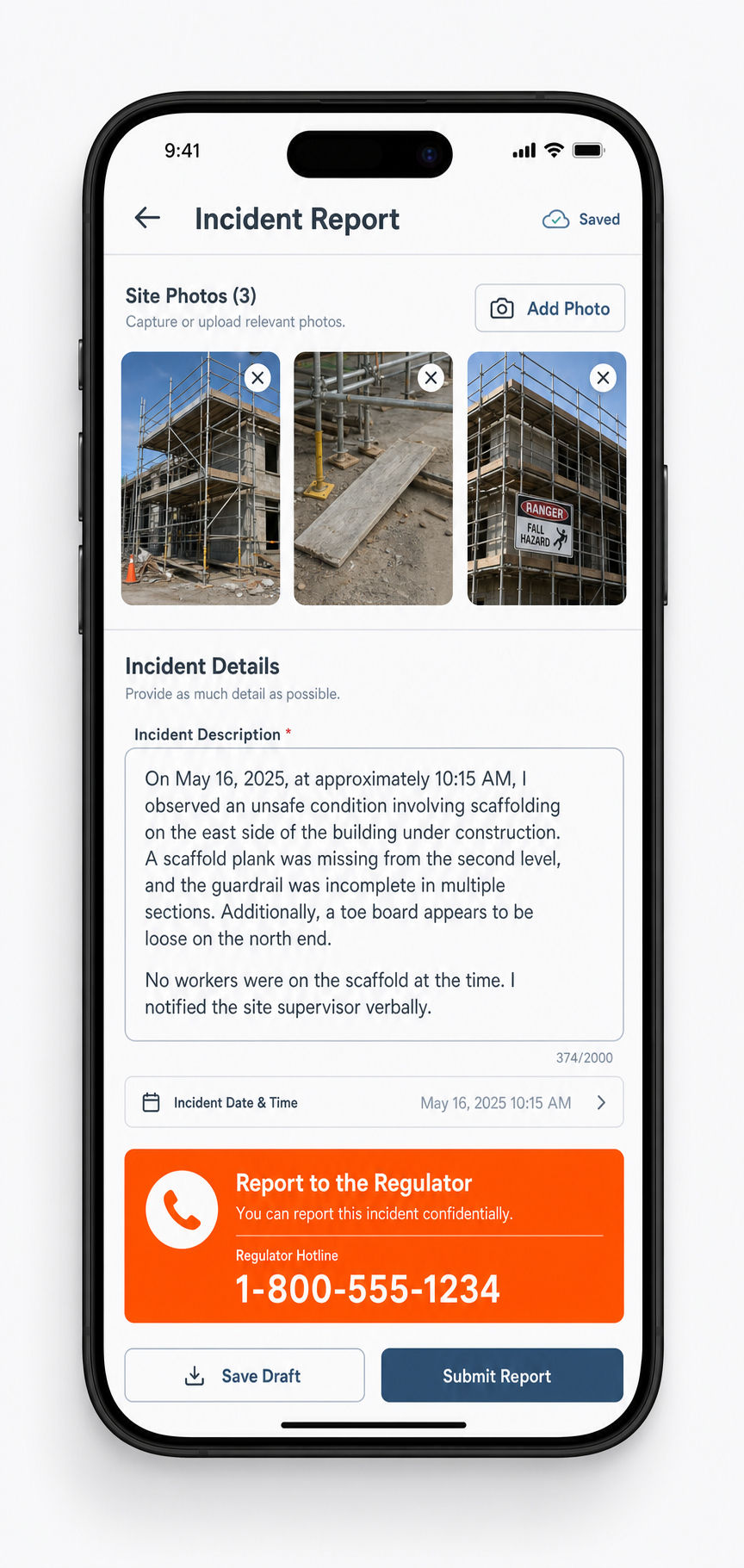 Photo Incident Log screen in the Sitepack app