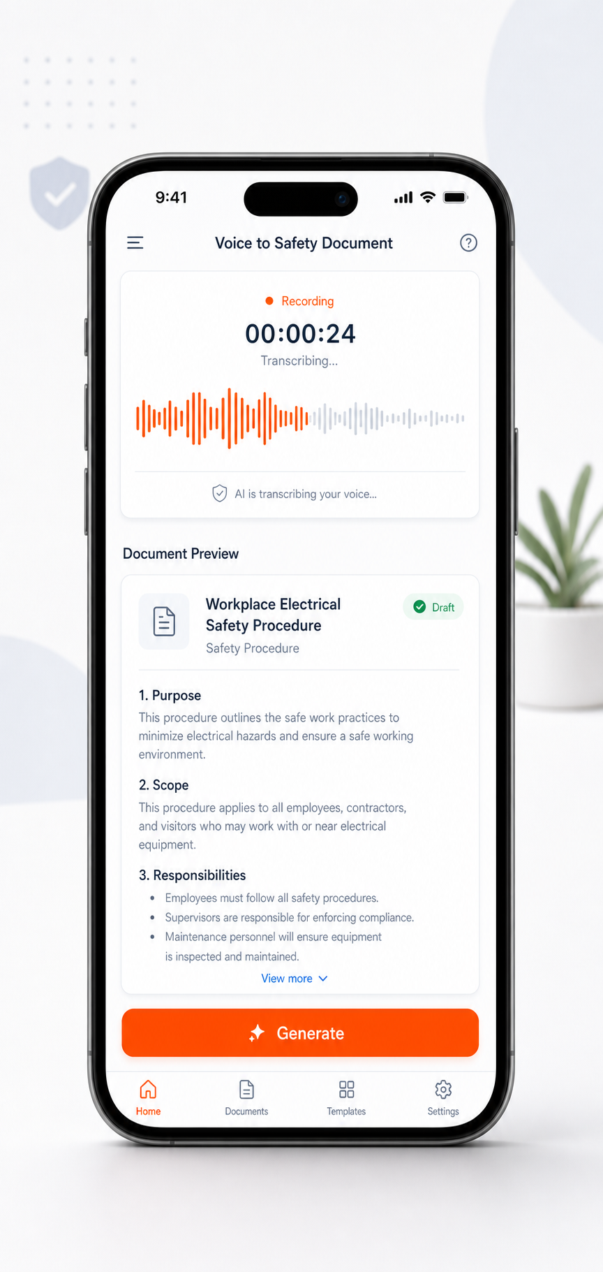 Voice-to-SWMS screen in the Sitepack app