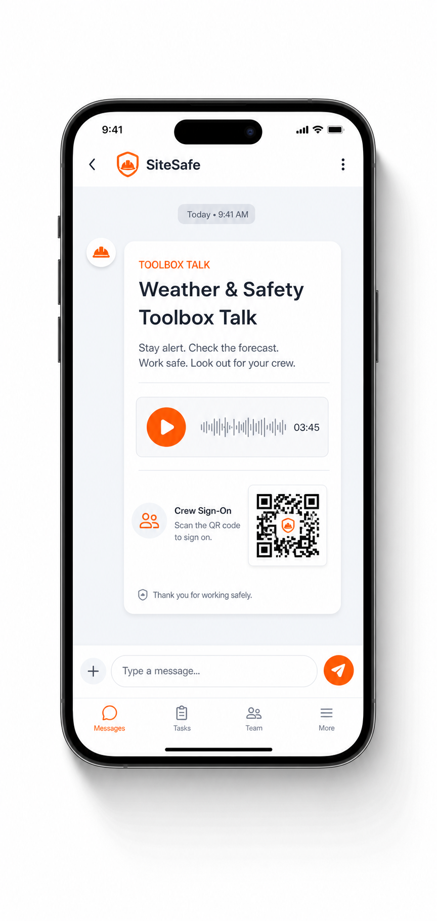 Daily Toolbox Talk screen in the Sitepack app