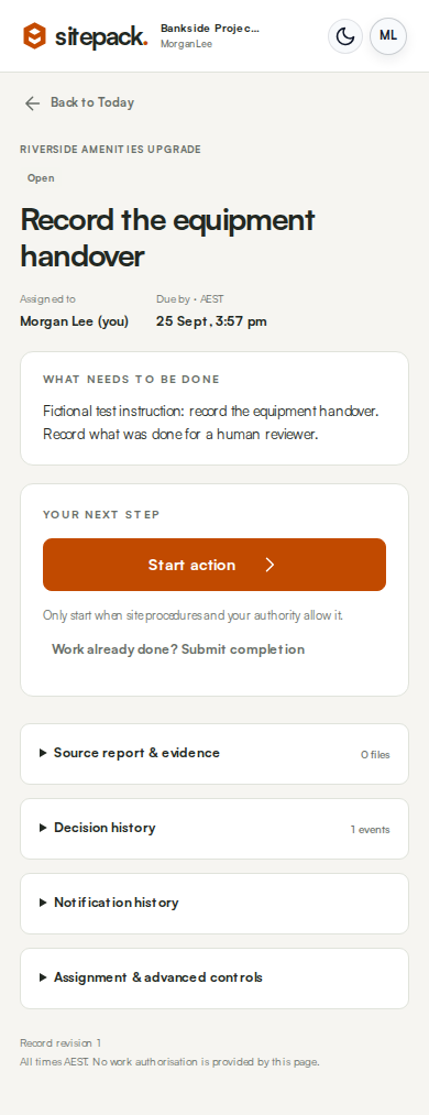 Example task showing required work, assignee, deadline and next step; records are fictional