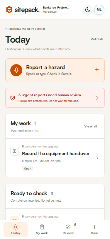 Sitepack Today on a phone, with fictional task and review records