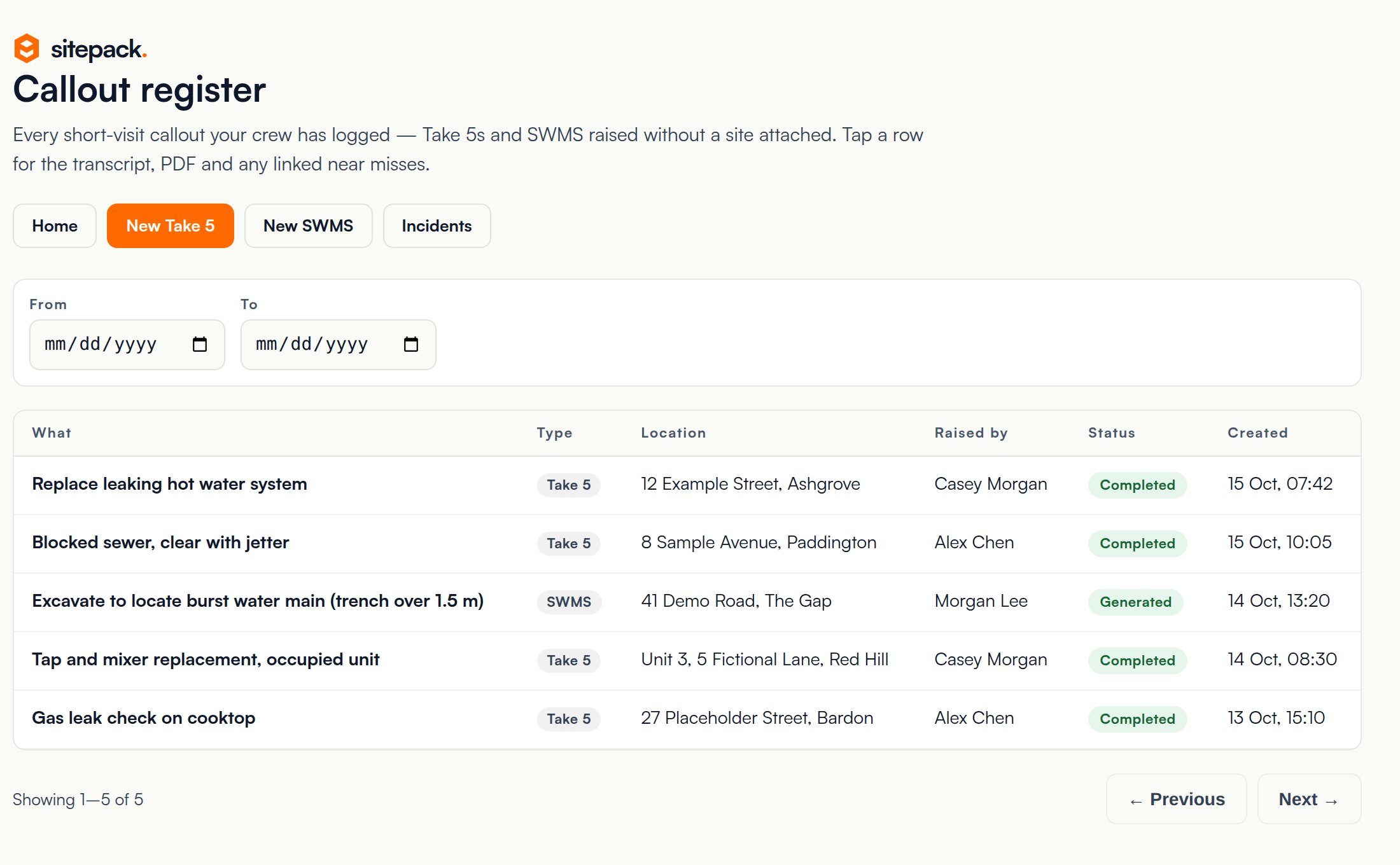 Sitepack callout register listing Take 5s and a SWMS by address, person, status and date