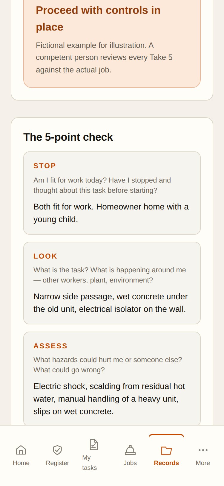 The five-point check on the Take 5 record, with stop, look and assess answers
