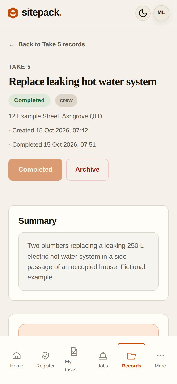 Completed Take 5 record for a hot water replacement, showing the callout address