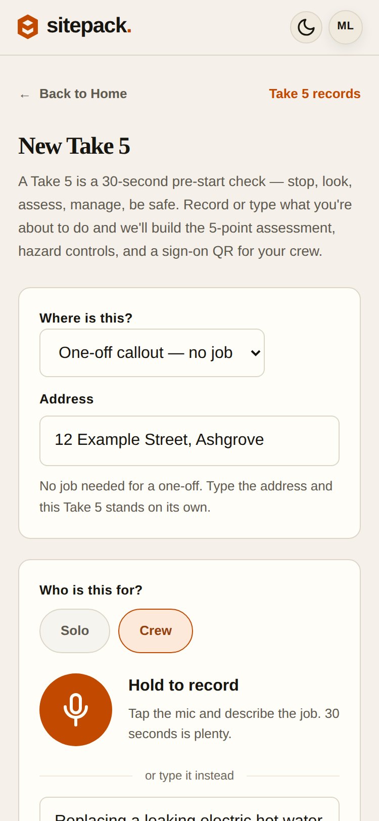 Sitepack Take 5 with One-off callout selected and a street address entered