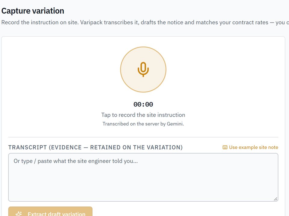Varipack Capture variation screen with record button and transcript field